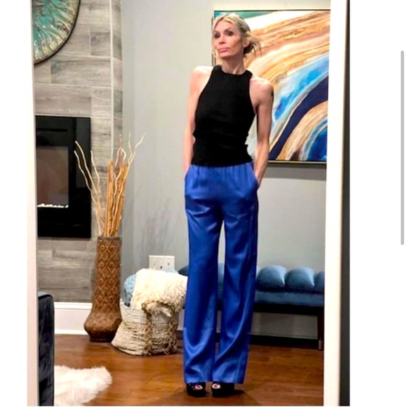 Zara satin effect full length elastic waist blue pants sz.S - Picture 1 of 16
